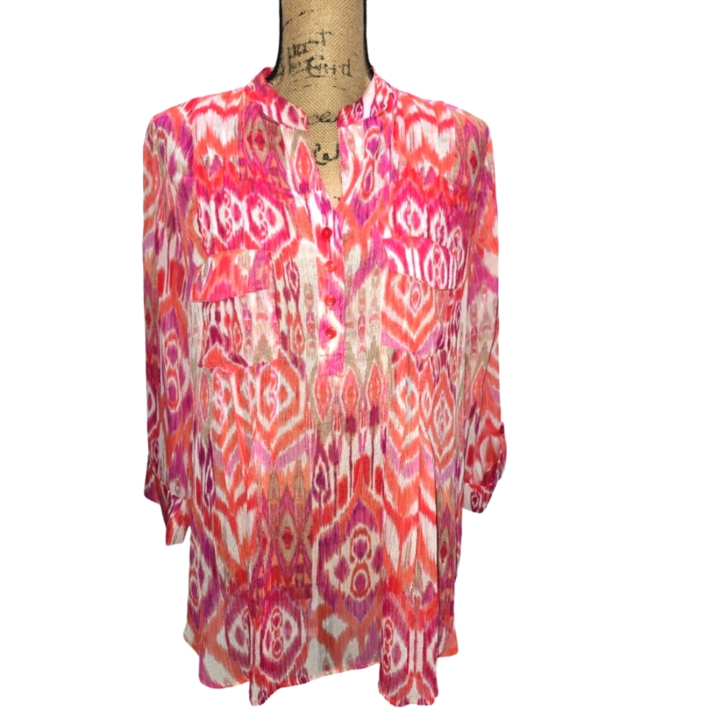 Zac & Rachel Pink, Orange, Red  Ikat-Print Blouse w/Mandarin Collar -- Size XL